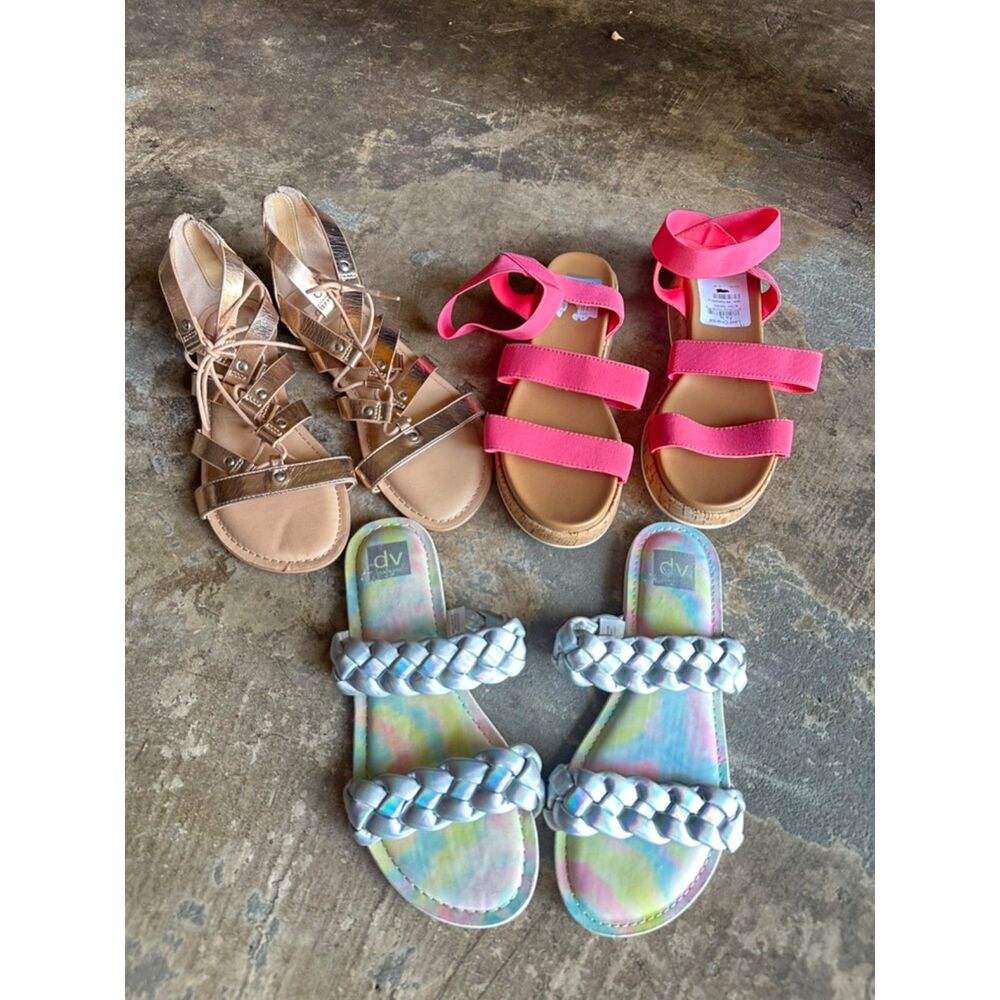 DV by Dolce Vita 3 Pair Bundle Girls Sandals 5 Big Kid NWT Pink Metallic Tan